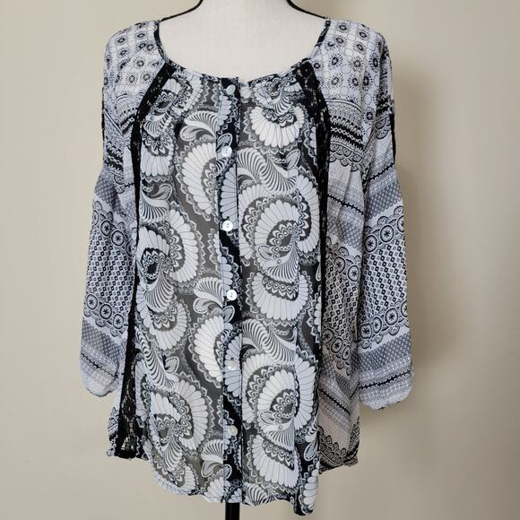 Valerie Stevens Tops - Valerie Stevens M Button Front 3/4 Raglan Sleeve Scoop Neck Lace Blouse Top